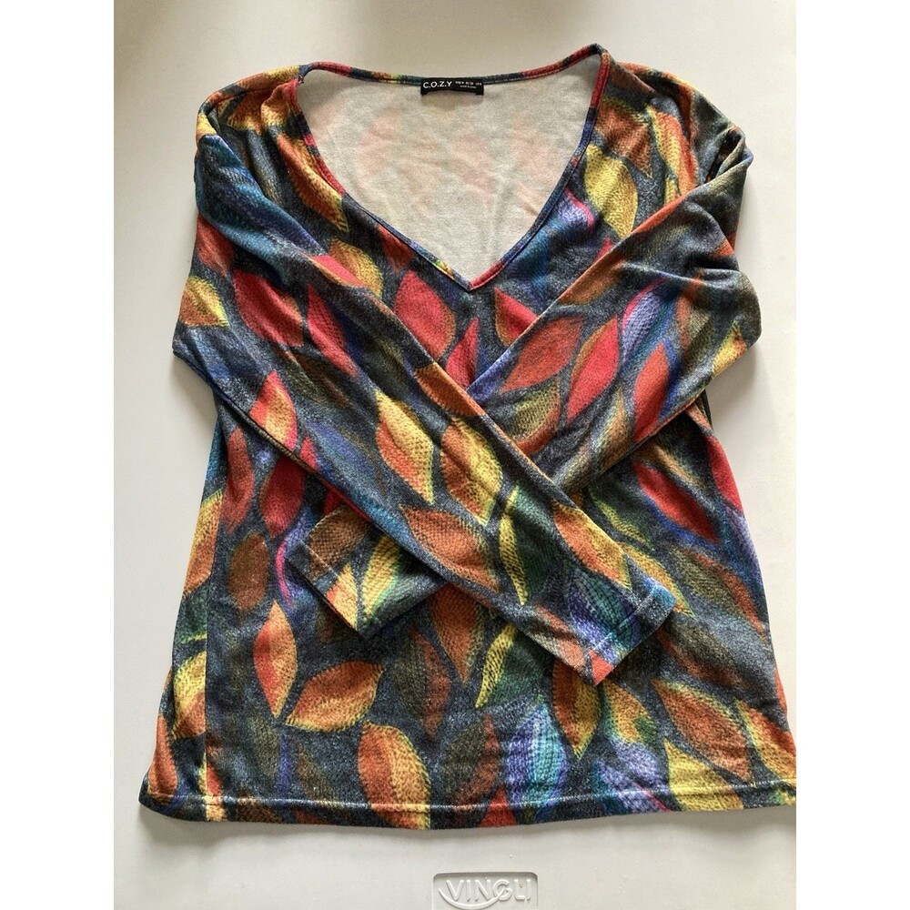Colorful And Comfortable C.O.Z.Y. Shirt Size Medium V Neck Women Stretch Bright - Picture 6 of 12